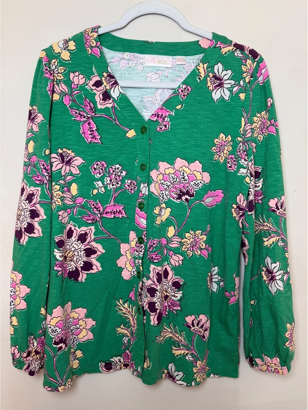 Belle by Kim Gravel Women's Green Floral Button-Up Long Sleeve Shirt, Size Small